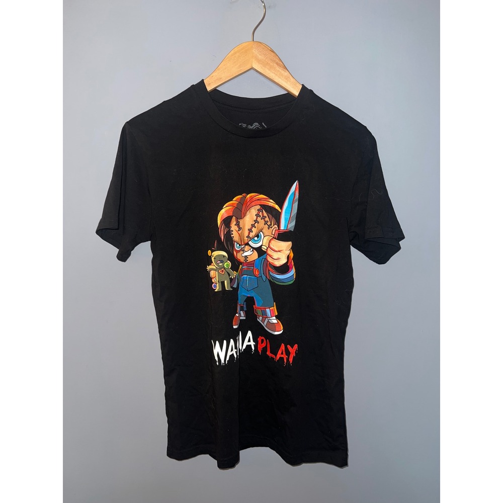 Tiger Chucky Wanna Play Horror Graphic Tee Black Small Short Sleeve Cotton Shirt